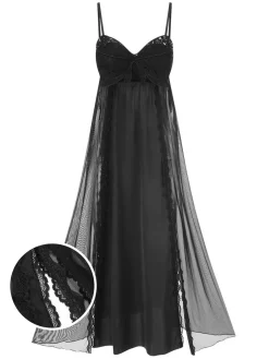 Online Retro Stage Black 1950s Spaghetti Strap Bow Lace Mesh Nightgown