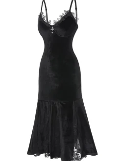 Best Retro Stage 1930s Spaghetti Strap Cross Lace Dress Black