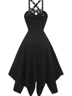 Online Retro Stage 1950s Spaghetti Strap Gothic Style Dress Black