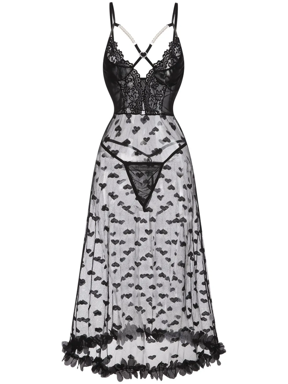 Sale Retro Stage 1950s Spaghetti Strap Heart Lace Nightgown Black