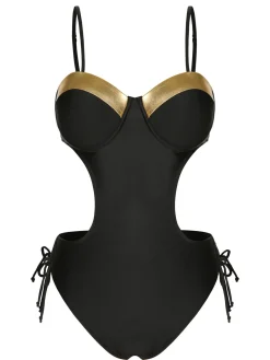 Outlet Retro Stage 1970s Spaghetti Strap Hollow One-Piece Swimsuit Black