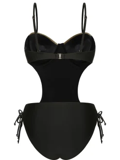Outlet Retro Stage 1970s Spaghetti Strap Hollow One-Piece Swimsuit Black