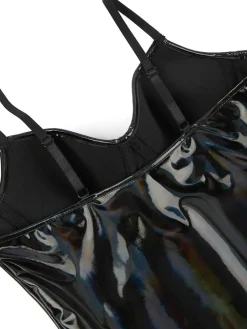 Online Retro Stage 1980s Spaghetti Strap Leather Bodysuit Black