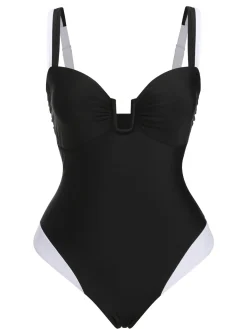 Sale Retro Stage 1930s Spaghetti Strap One-Piece Swimsuit Black