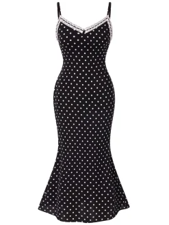 Sale Retro Stage 1930s Spaghetti Strap Polka Dots Mermaid Dress Black