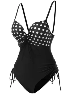 Online Retro Stage 1950s Spaghetti Strap Polka Dot One-Piece Swimsuit Black