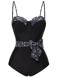 Fashion Retro Stage 1930s Spaghetti Strap Polka Dots Bow Swimsuit Black