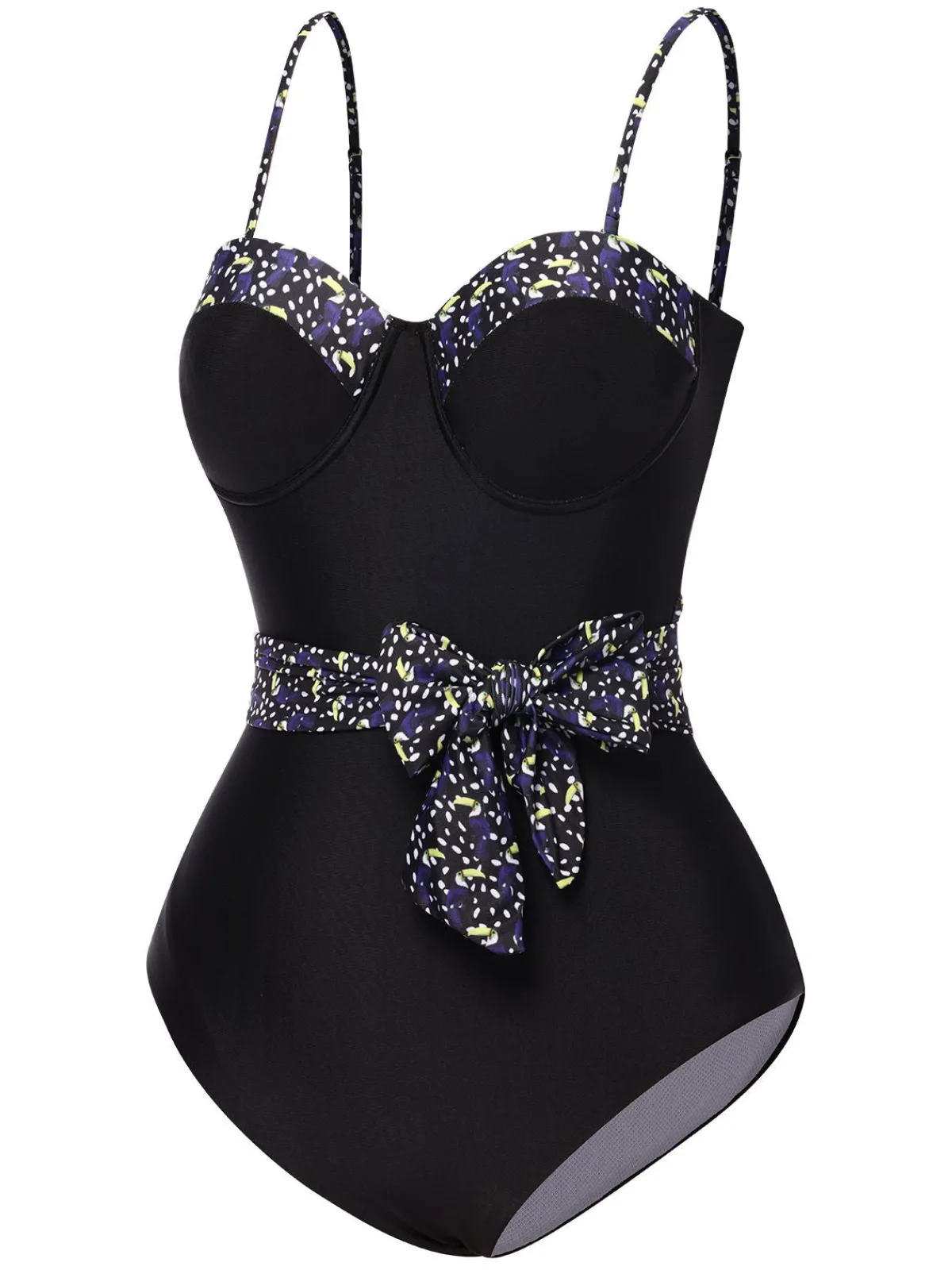 Fashion Retro Stage 1930s Spaghetti Strap Polka Dots Bow Swimsuit Black