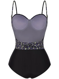 Fashion Retro Stage 1930s Spaghetti Strap Polka Dots Bow Swimsuit Black
