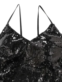 Online Retro Stage 1930s Spaghetti Strap Tie Back Sequined Dress Black