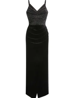 Online Retro Stage 1960s Spaghetti Strap Velvet Beading Dress Black