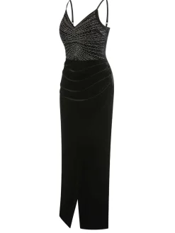 Online Retro Stage 1960s Spaghetti Strap Velvet Beading Dress Black