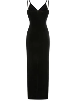 Online Retro Stage 1960s Spaghetti Strap Velvet Beading Dress Black
