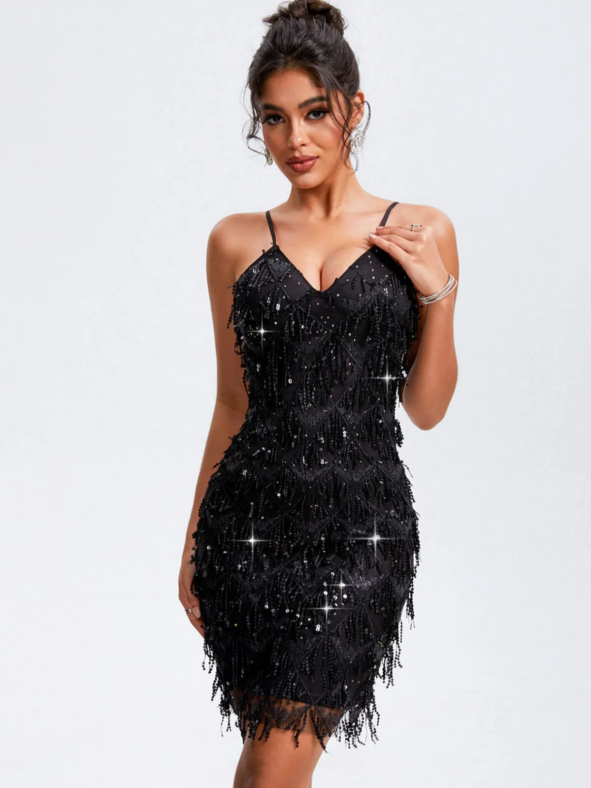 Clearance Retro Stage 1920s Spaghetti Straps Sequined Flapper Dress Black