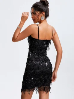 Clearance Retro Stage 1920s Spaghetti Straps Sequined Flapper Dress Black