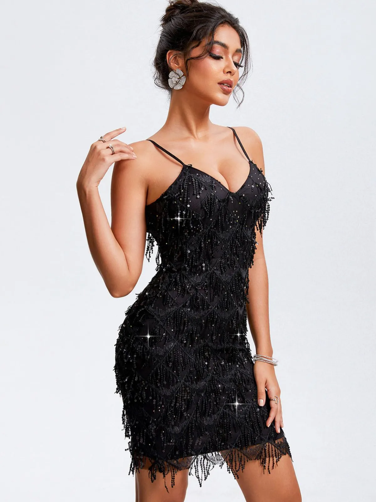 Clearance Retro Stage 1920s Spaghetti Straps Sequined Flapper Dress Black