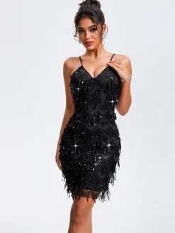 Clearance Retro Stage 1920s Spaghetti Straps Sequined Flapper Dress Black