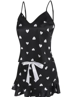 Hot Retro Stage 1970s Spaghetti Straps Satin Heart Pajamas Black
