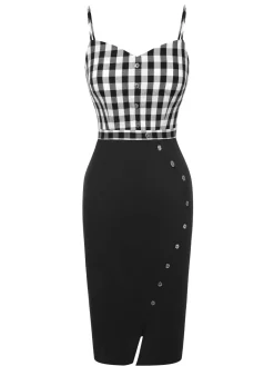 Fashion Retro Stage 1960s Spaghetti Straps Plaid Patchwork Dress Black