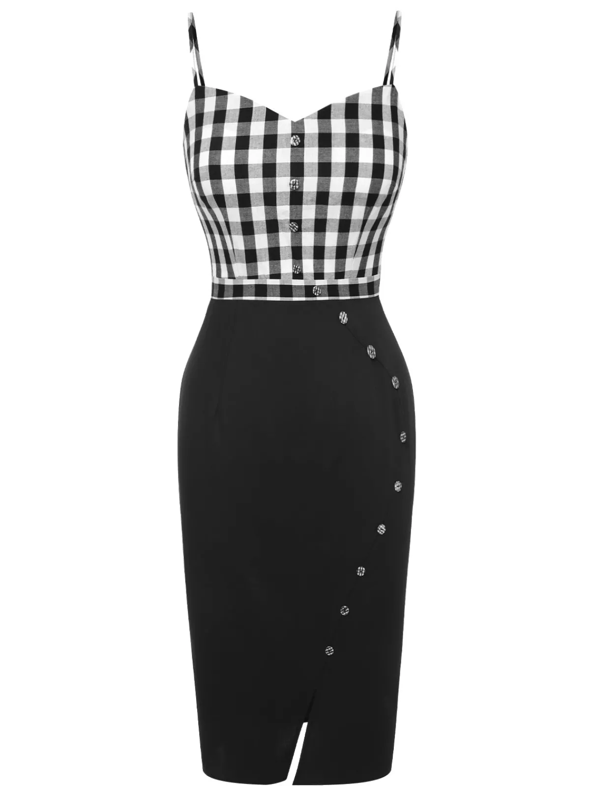 Fashion Retro Stage 1960s Spaghetti Straps Plaid Patchwork Dress Black