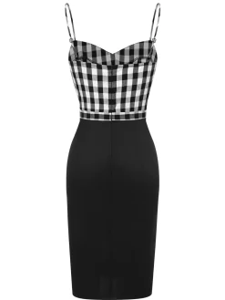 Fashion Retro Stage 1960s Spaghetti Straps Plaid Patchwork Dress Black
