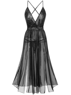 Sale Retro Stage 1940s Sparkling Mesh Back Cross Straps Nightgown Black