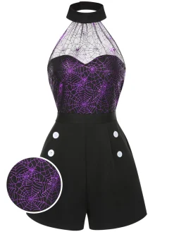 New Retro Stage 1950s Spiderweb Laser Mesh Halter Romper Black