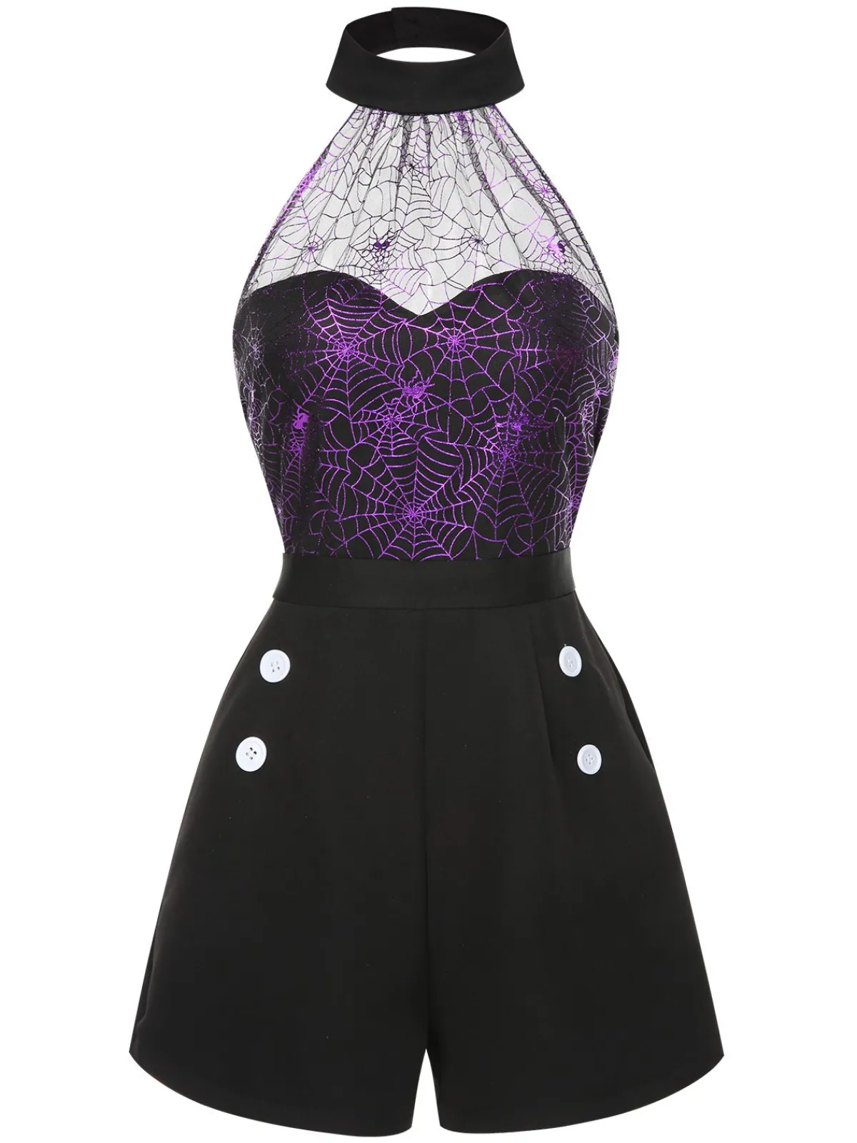 New Retro Stage 1950s Spiderweb Laser Mesh Halter Romper Black