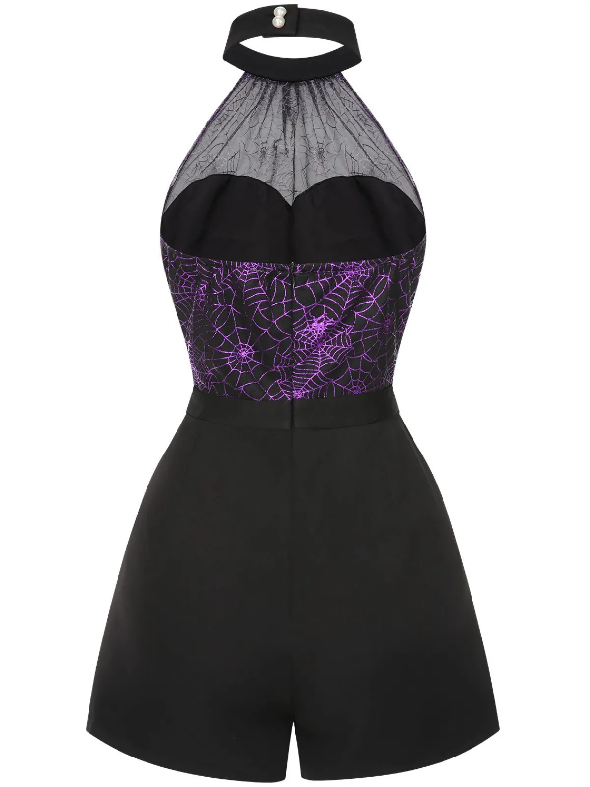 New Retro Stage 1950s Spiderweb Laser Mesh Halter Romper Black