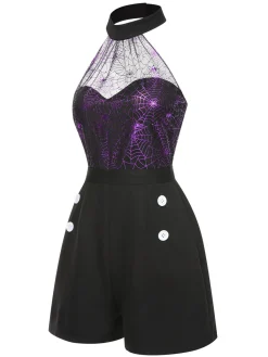 New Retro Stage 1950s Spiderweb Laser Mesh Halter Romper Black