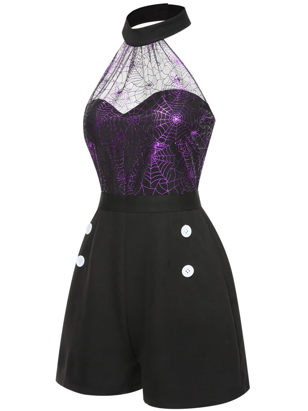 New Retro Stage 1950s Spiderweb Laser Mesh Halter Romper Black