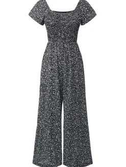 Sale Retro Stage 1930s Square Neck Floral Jumpsuit Black