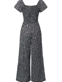 Sale Retro Stage 1930s Square Neck Floral Jumpsuit Black