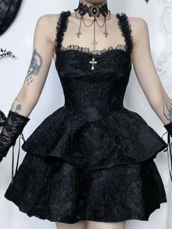 Sale Retro Stage 1950s Square Neck Lace Print Cross Bubble Dress Black