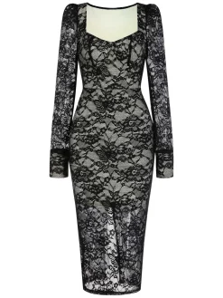 Discount Retro Stage 1960s Square Neck Lace Bodycon Dress Black