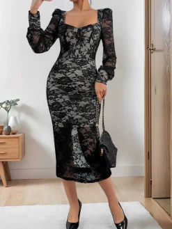 Discount Retro Stage 1960s Square Neck Lace Bodycon Dress Black