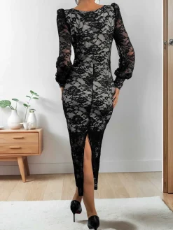 Discount Retro Stage 1960s Square Neck Lace Bodycon Dress Black
