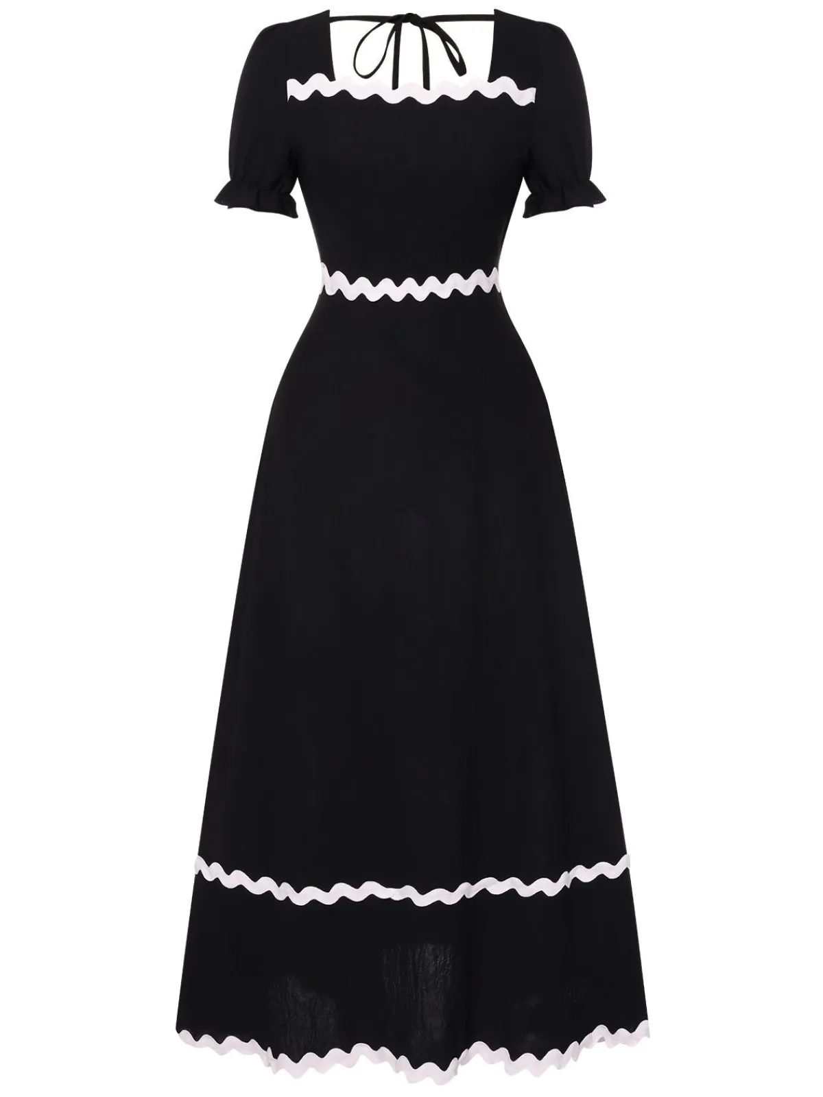 New Retro Stage 1930s Square Neck Lace-Up Puff Sleeve Dress Black