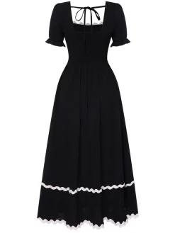 New Retro Stage 1930s Square Neck Lace-Up Puff Sleeve Dress Black