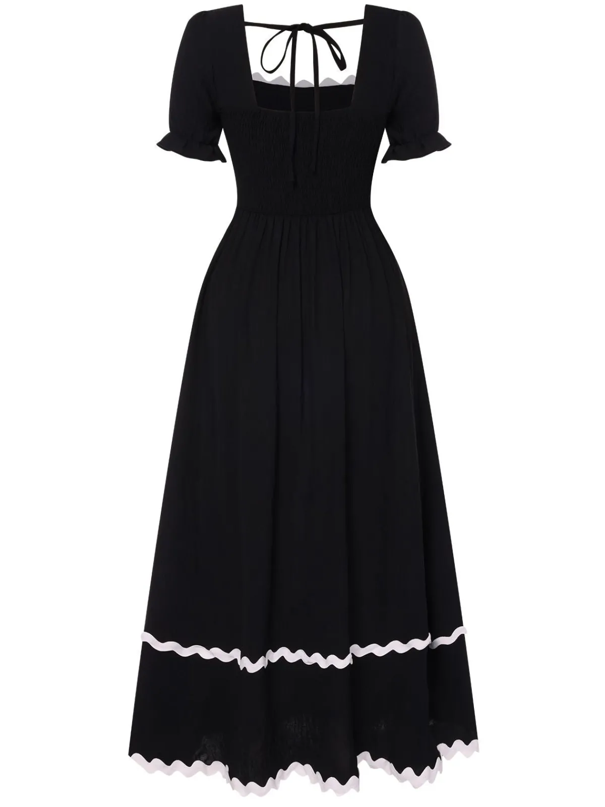 New Retro Stage 1930s Square Neck Lace-Up Puff Sleeve Dress Black