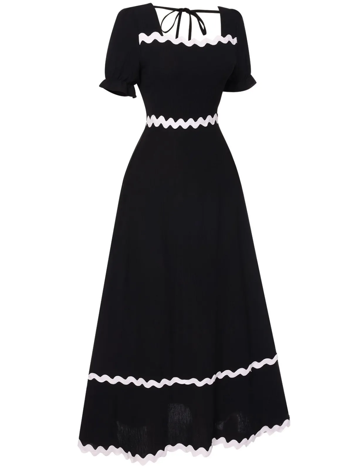 New Retro Stage 1930s Square Neck Lace-Up Puff Sleeve Dress Black