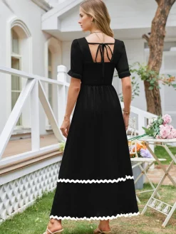 New Retro Stage 1930s Square Neck Lace-Up Puff Sleeve Dress Black
