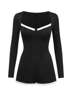 Outlet Retro Stage 1950s Square Neck Long Sleeve Romper Black
