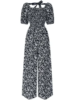 Best Retro Stage 1930s Square Neck Puff Floral Jumpsuit Black