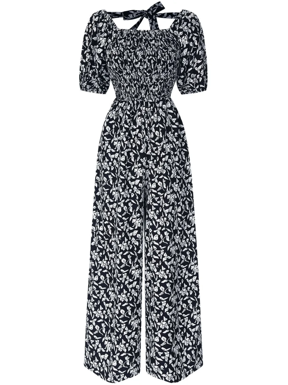 Best Retro Stage 1930s Square Neck Puff Floral Jumpsuit Black