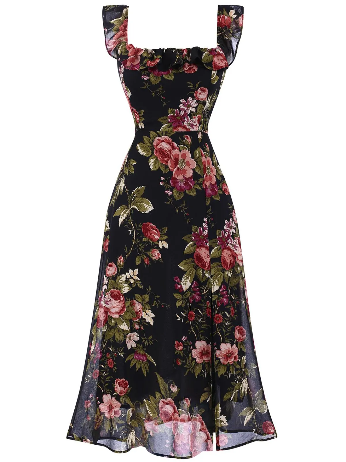 Sale Retro Stage 1930s Square Neck Ruffled Floral Dress Black