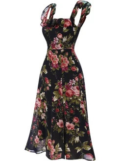 Sale Retro Stage 1930s Square Neck Ruffled Floral Dress Black