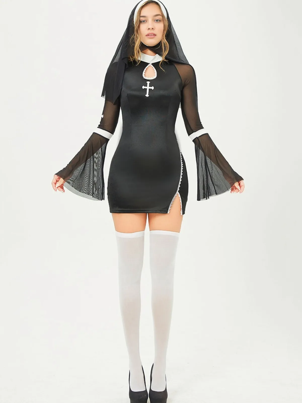 New Retro Stage 1960s Stand Collar Mesh Flare Sleeves Dress Black
