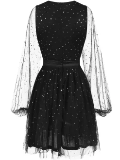 Best Retro Stage 1970s Star Sequins Lantern Sleeve Dress Black