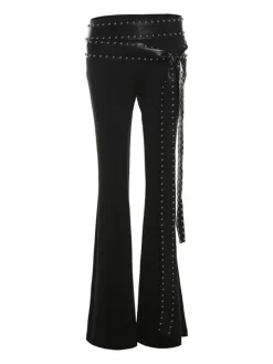 Online Retro Stage 1980s Steampunk Bootcut Rivet Pants Black